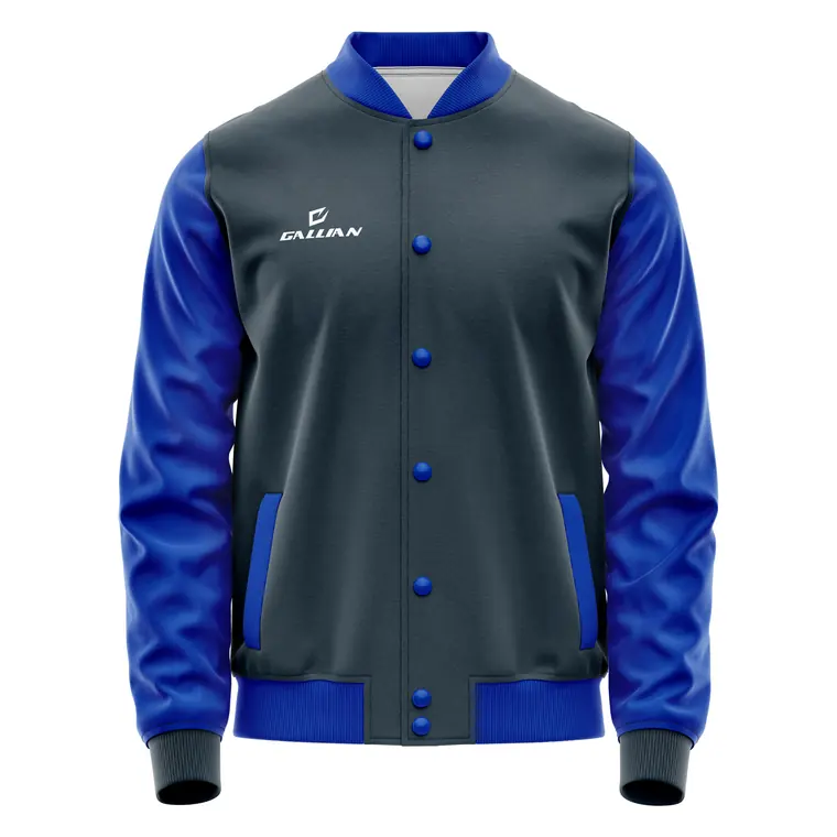 Custom Varsity Jackets – design 10 in charcoal & navy, custom varsity jackets apparel by Gallian Sports