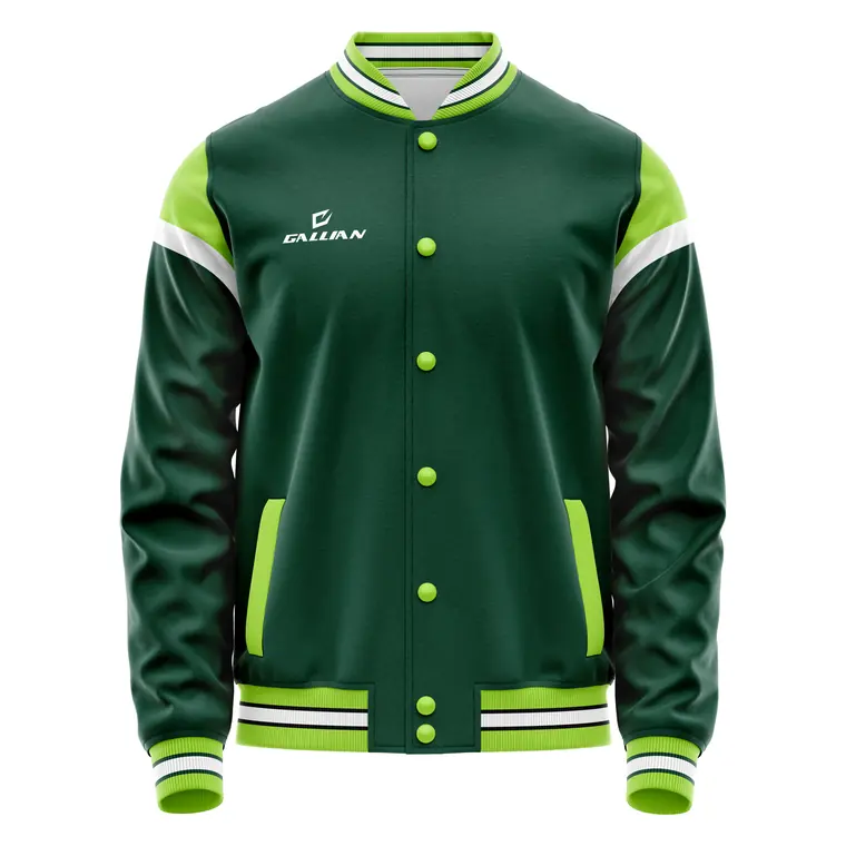 Custom Varsity Jackets – design 4 in forest green & navy, custom varsity jackets apparel by Gallian Sports