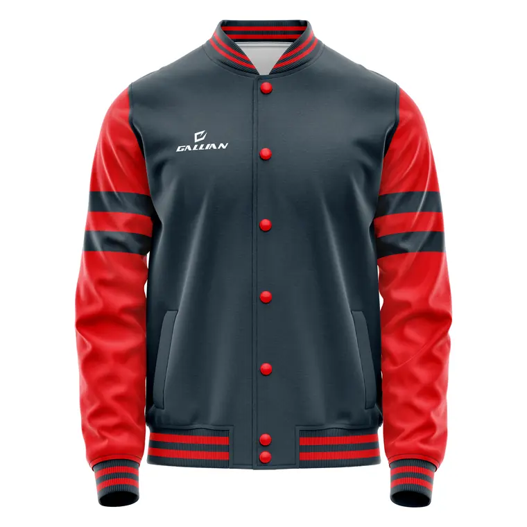 Custom Varsity Jackets – design 6 in charcoal & red, custom varsity jackets apparel by Gallian Sports