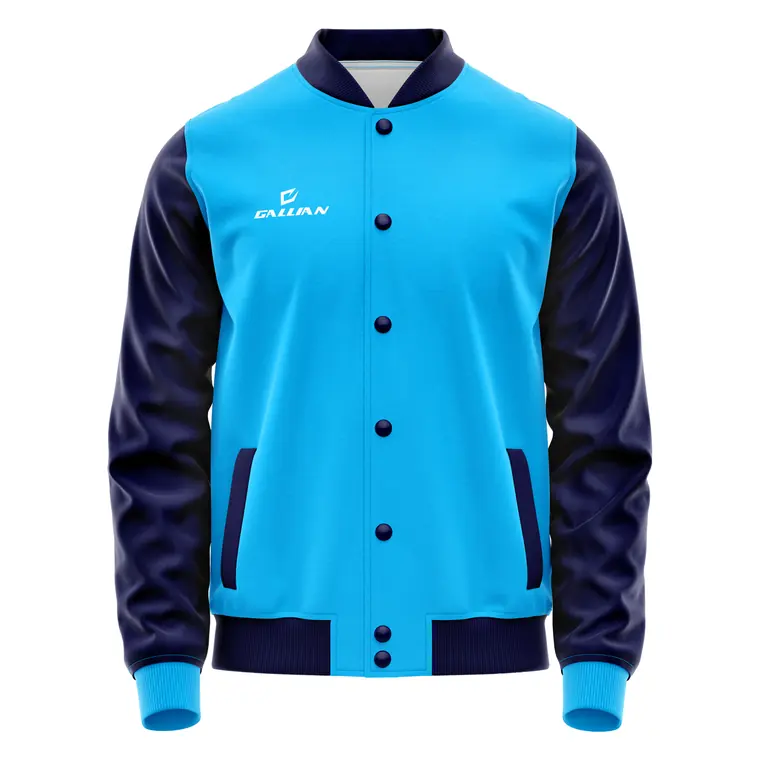 Custom Varsity Jackets – design 8 in teal & sky blue, custom varsity jackets apparel by Gallian Sports