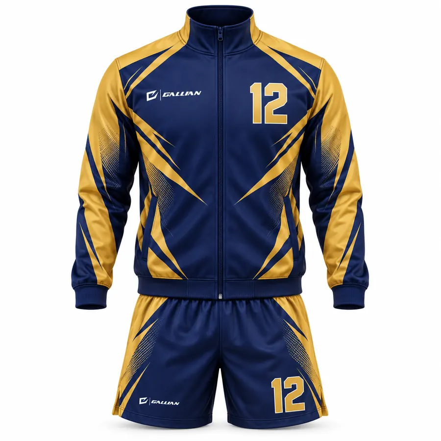 Viper navy and gold full-zip warm-up jacket and matching shorts set by Gallian Sports