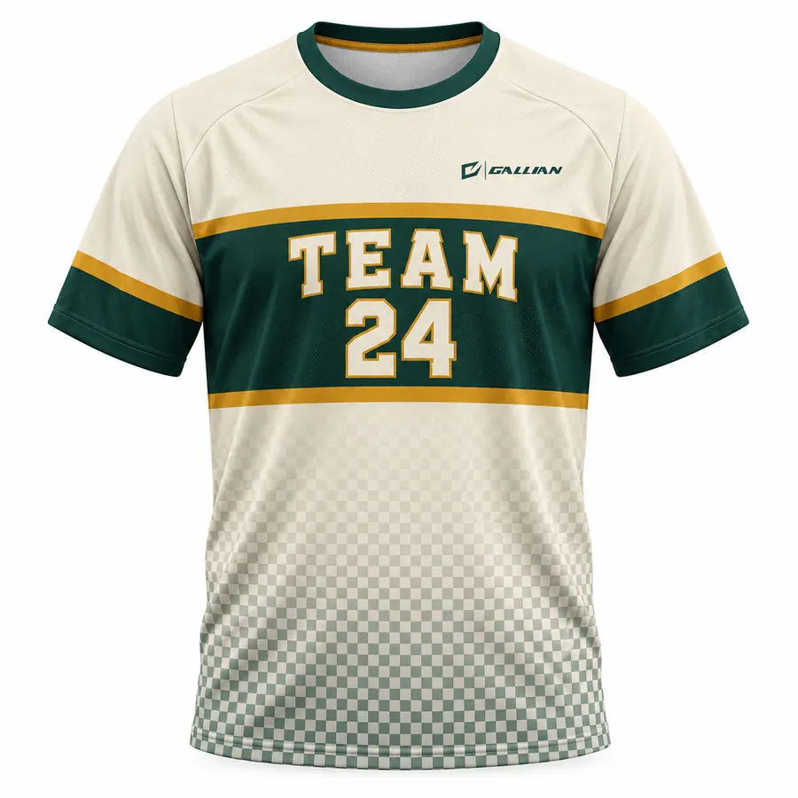Pioneer cream, forest green and gold team warm-up shirt with checker fade by Gallian Sports