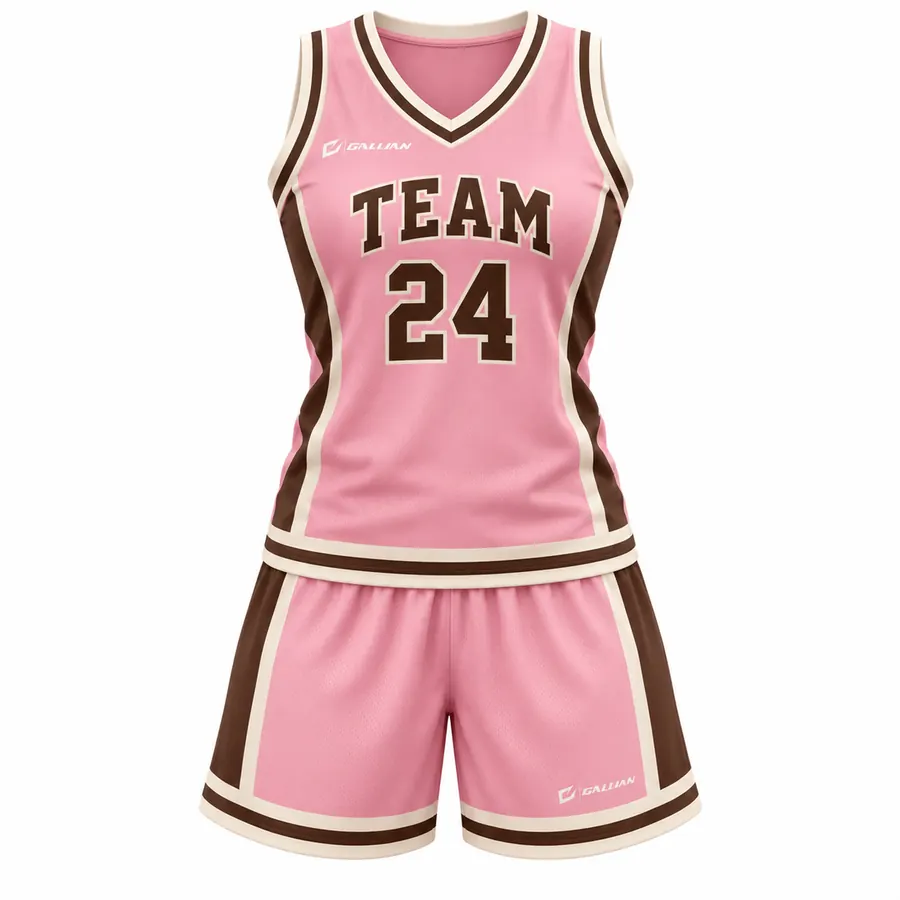 Fairway women's pink basketball uniform, pink V-neck jersey and shorts with chocolate-brown and cream trim, by Gallian Sports