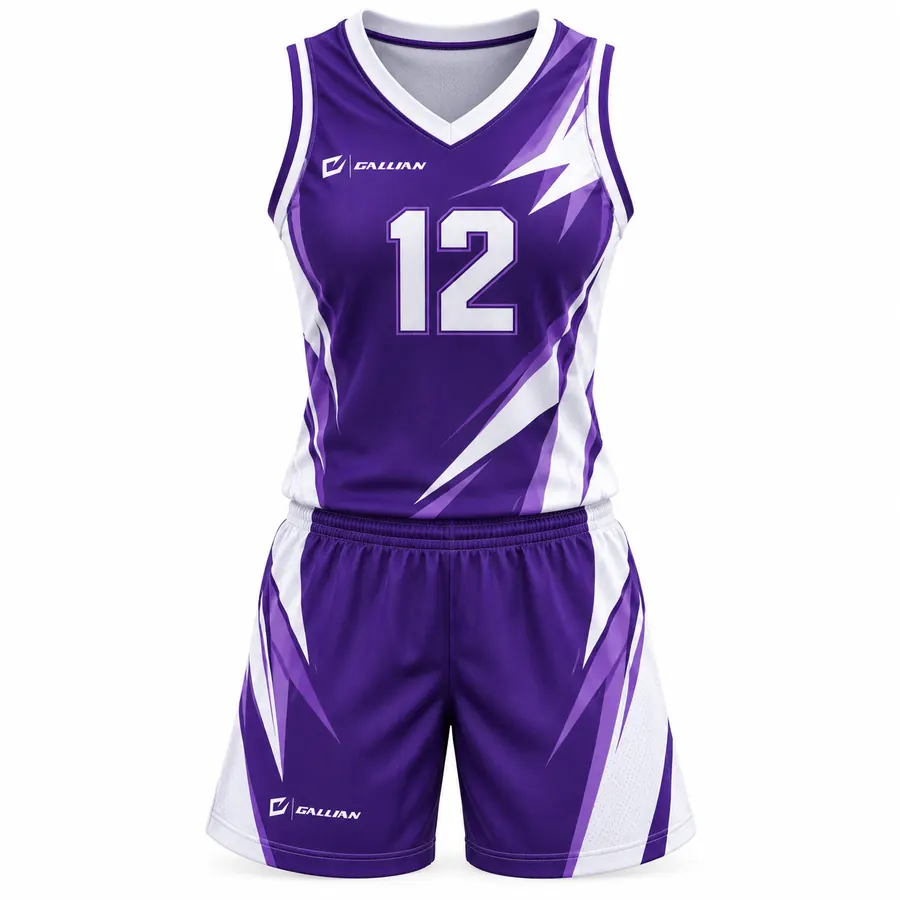 Quasar women's basketball uniform, purple jersey and shorts with white lightning strikes, by Gallian Sports