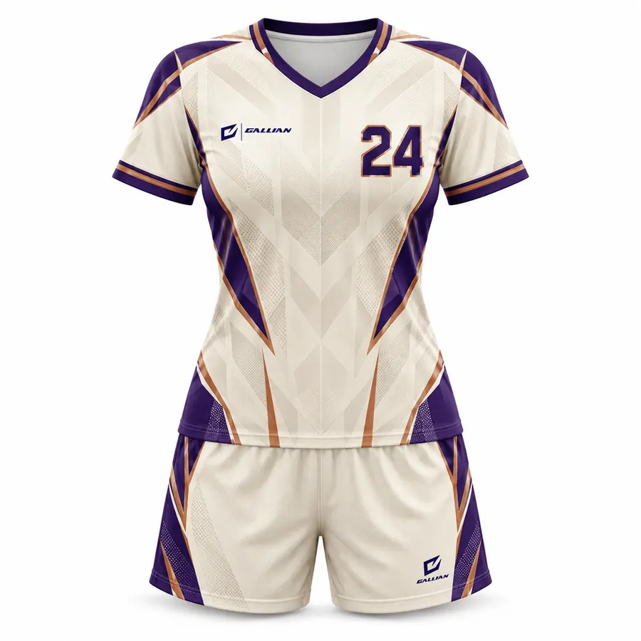 Aurora women's soccer kit, cream V-neck jersey with purple chevrons and cream shorts, by Gallian Sports