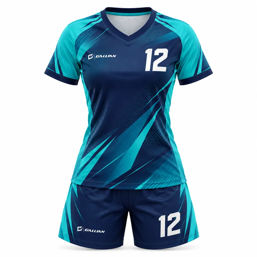 Cyclone women's soccer kit, navy V-neck jersey with teal raglan sleeves and teal streaks, by Gallian Sports