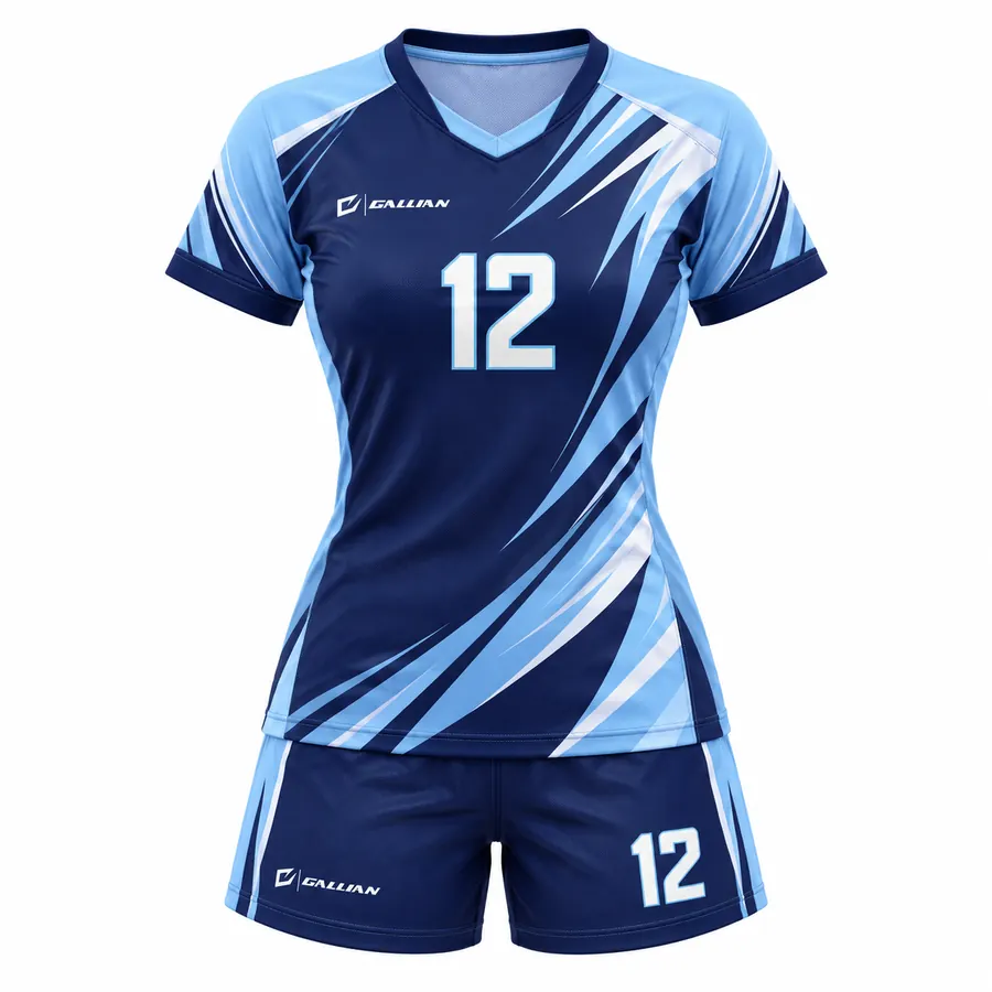 Dagger women's soccer kit, navy jersey with sky-blue and white blade sweeps and navy shorts, by Gallian Sports