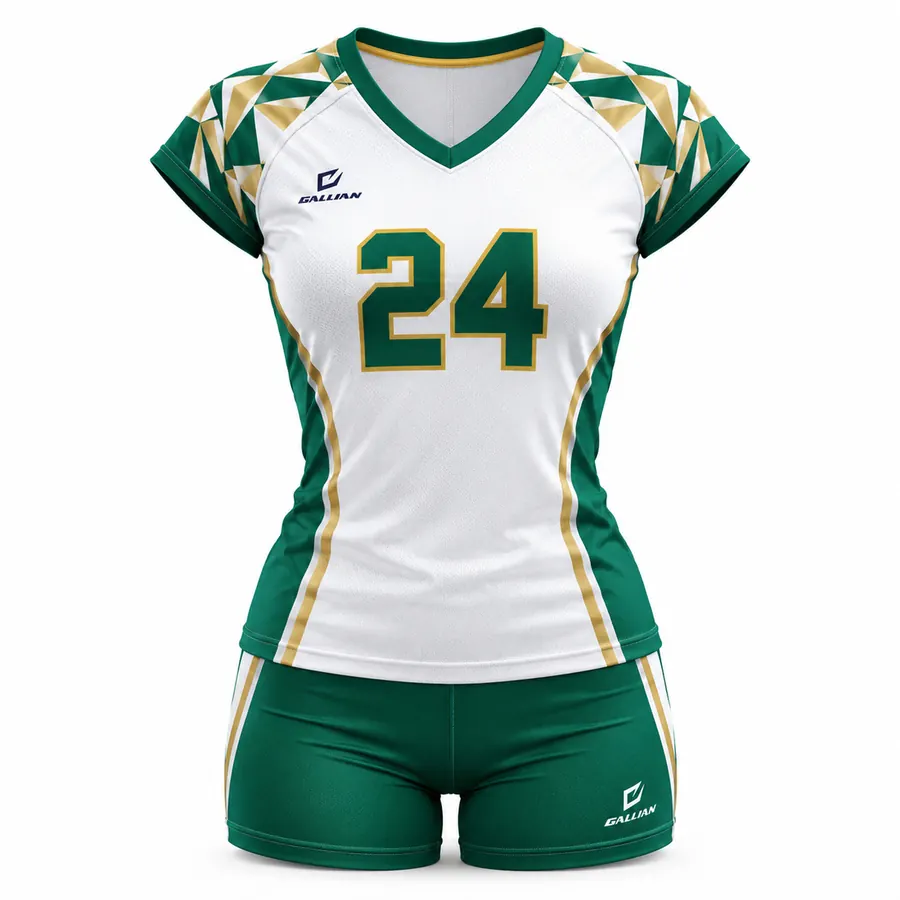 Glacier women's volleyball uniform, white cap-sleeve jersey with green and gold diamonds, green shorts, by Gallian Sports