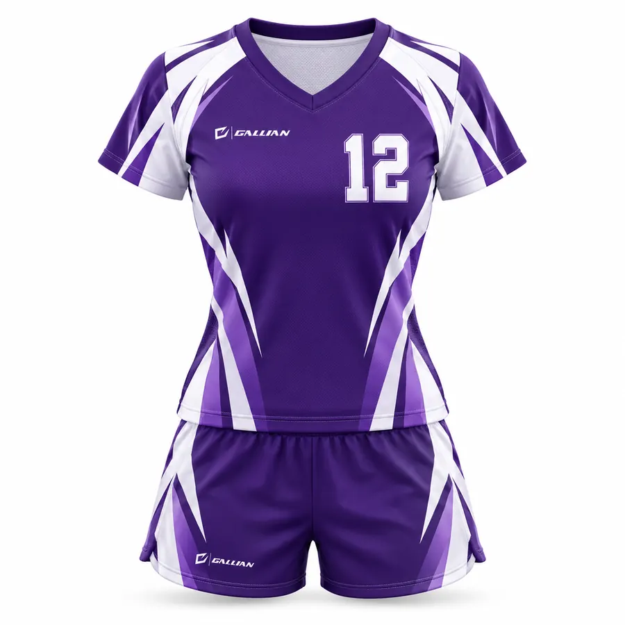 Kingfisher women's volleyball uniform, purple short-sleeve jersey with white sweeps and purple shorts by Gallian Sports