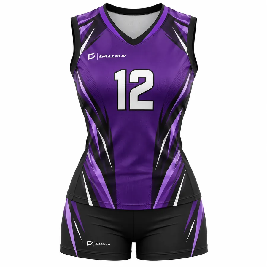 Mustang sleeveless women's volleyball uniform, purple jersey with black and white slashes, black shorts, by Gallian Sports
