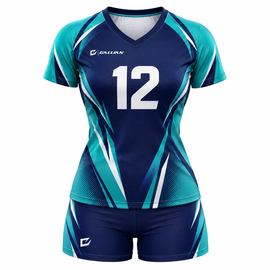 Redwood women's volleyball uniform, navy jersey with teal raglan sleeves and navy spandex shorts by Gallian Sports