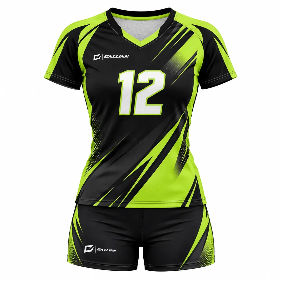 Undertow women's volleyball uniform, black jersey with neon lime raglan sleeves and black spandex shorts by Gallian Sports