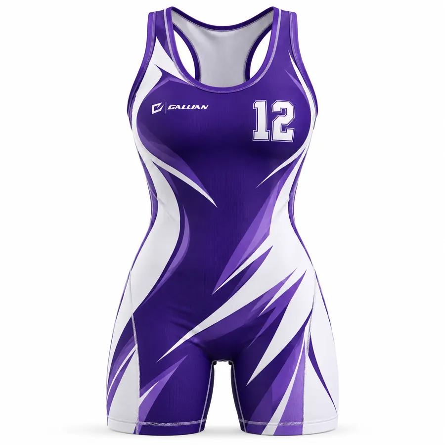 Marauder women's wrestling singlet, purple with white sweeps and lavender flashes, by Gallian Sports