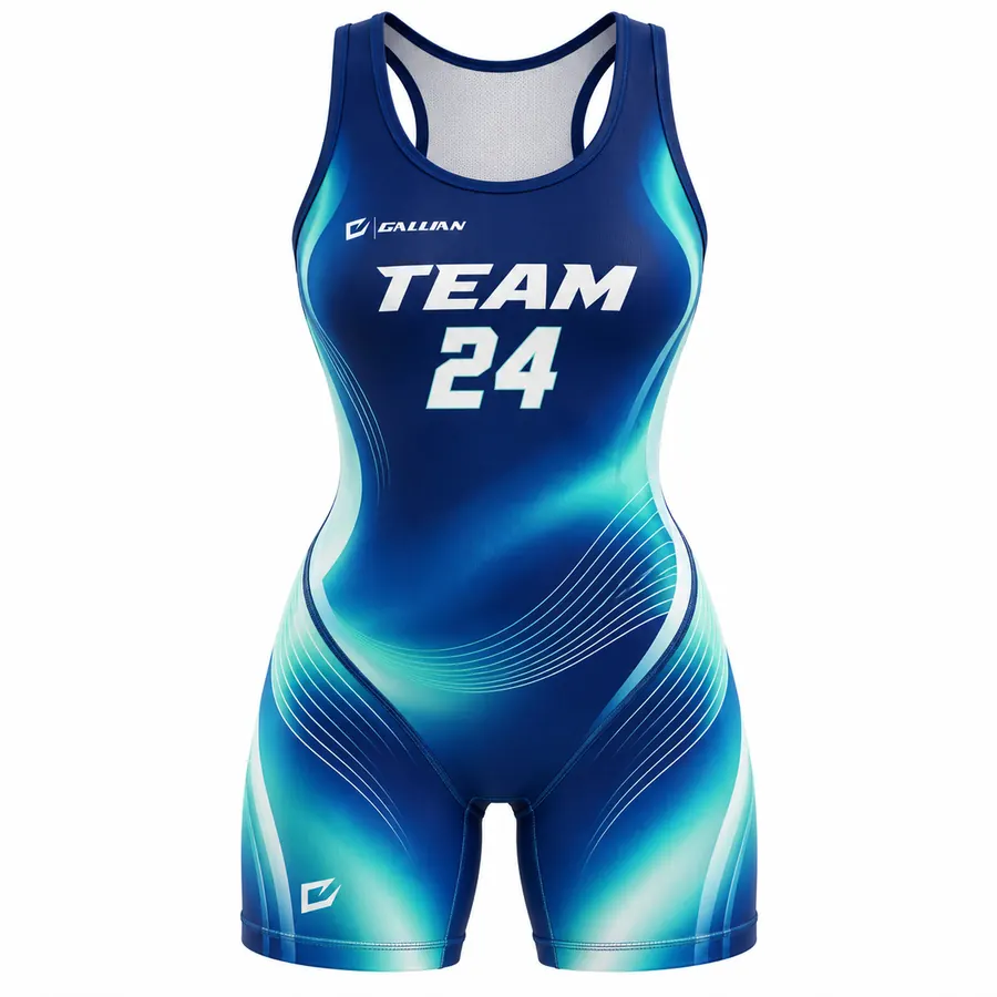 Nimbus women's wrestling singlet in royal blue with aqua and electric-blue wave print, by Gallian Sports