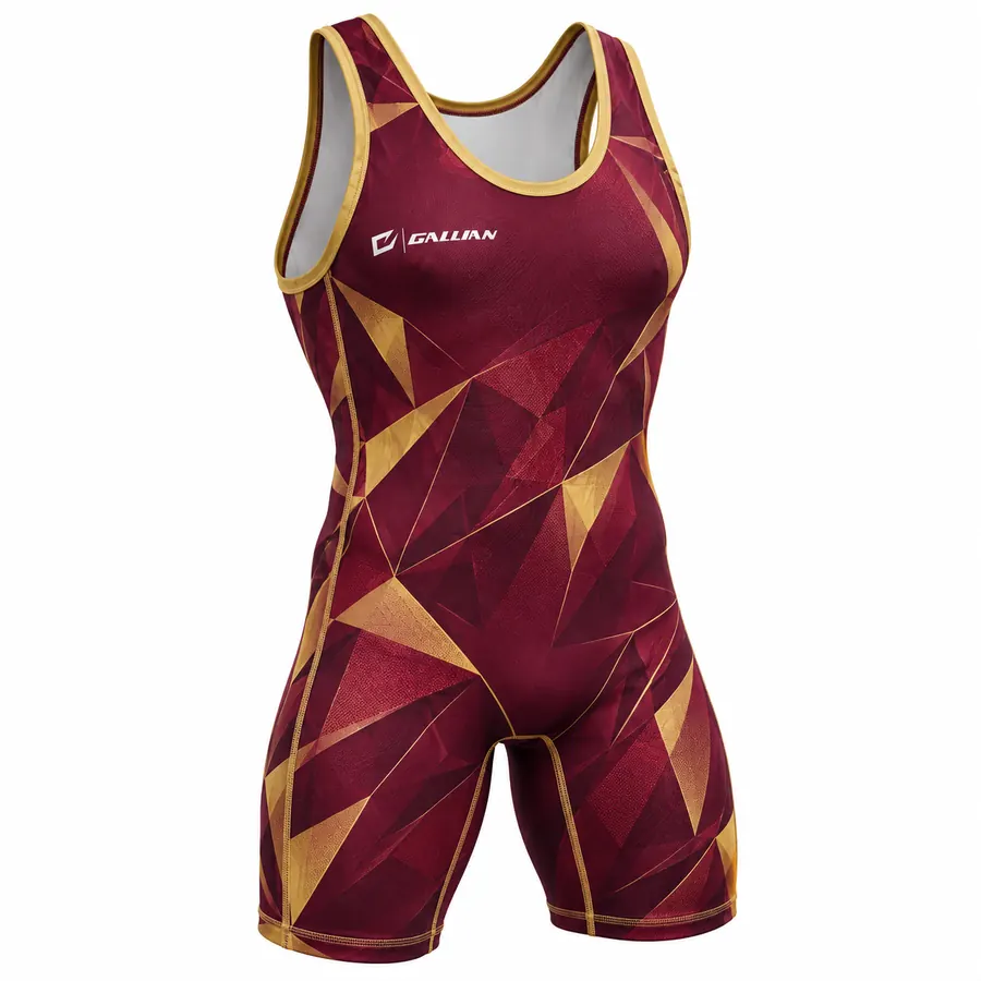 Custom Wrestling Singlets – Maroon & Gold Geo, custom sublimated wrestling singlet by Gallian Sports