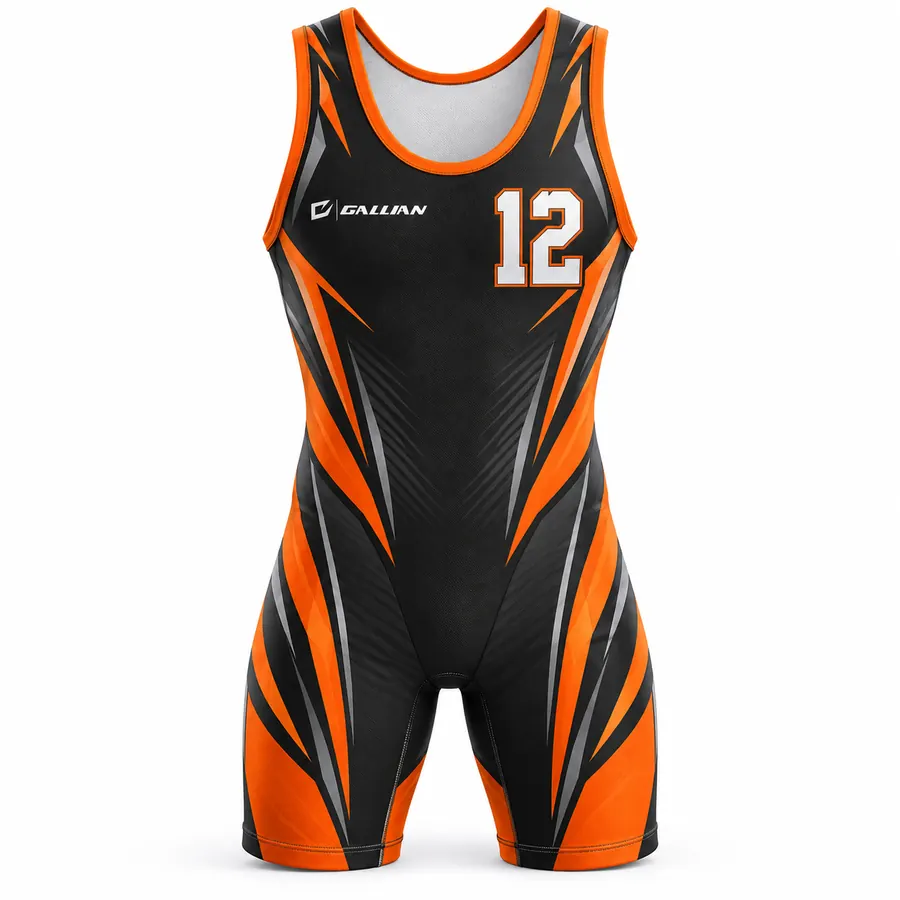 Admiral orange and black wrestling singlet, black with orange slash panels and silver-gray accents, by Gallian Sports