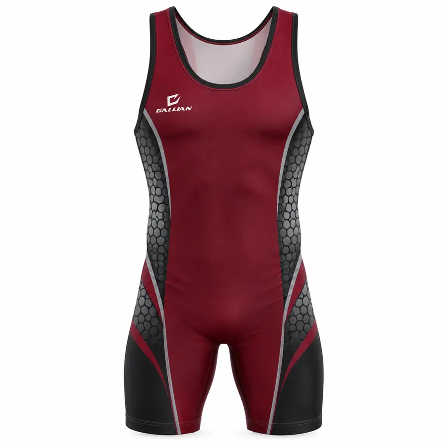 Maverick Maroon Hex wrestling singlet, maroon with charcoal hexagon side panels and black legs, by Gallian Sports
