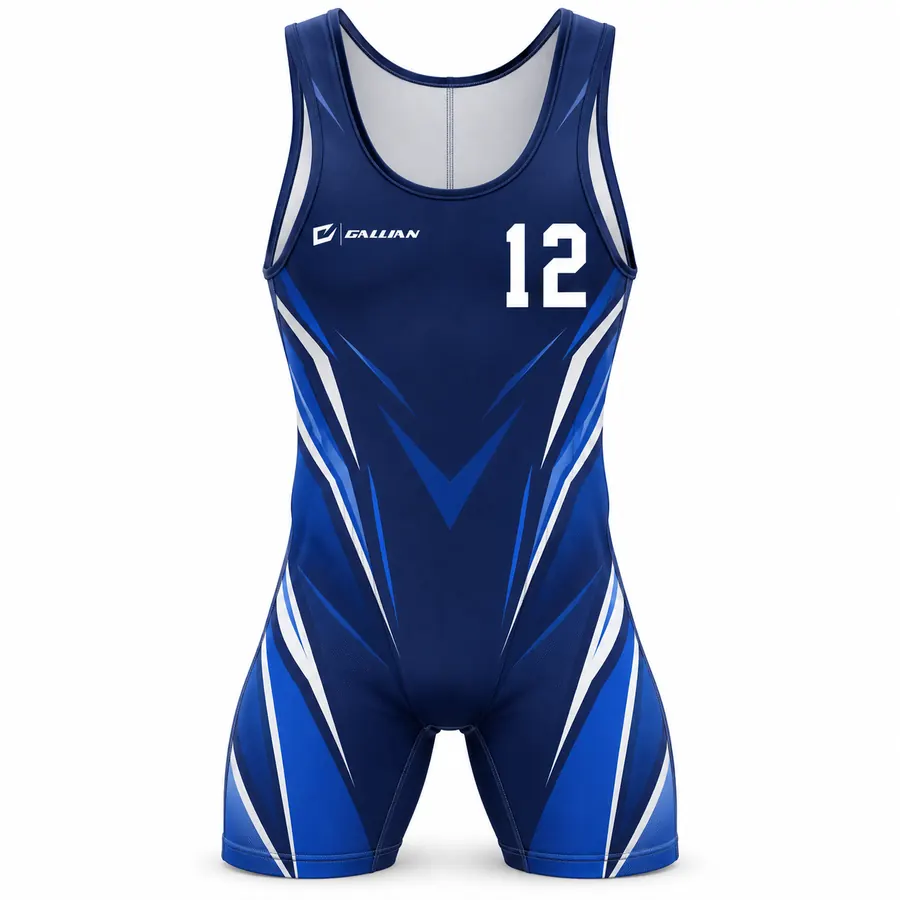 Raptor royal wrestling singlet, navy with royal-blue panels and white chevron sweeps, by Gallian Sports